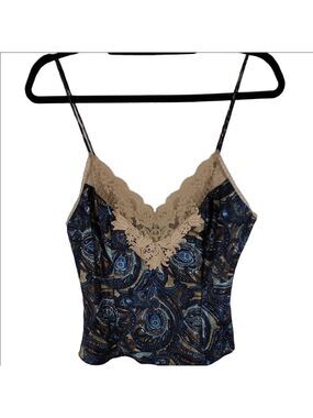 Victoria's Secret Blue Paisley Pattern Tan Lace Trim Adjustable Strap Cami Top